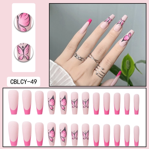 Uñas Postizas Francesas Rosa Mate Largas Ataúd Con Diseño De Mariposa Uñas Artificiales De Plástico Para Mujeres