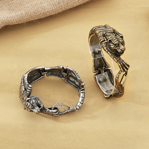 Retro Tijgerkop Roestvrijstalen Armband Voor Heren Antiek Goud Gegoten Dier Vintage Stijl Sieraden Accessoire