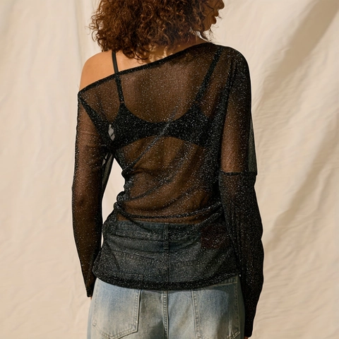 Shimmer Sheer Mesh Off Shoulder Top Met Lange Mouwen Dames Sexy Glitter Streetwear Zwart Veelzijdig