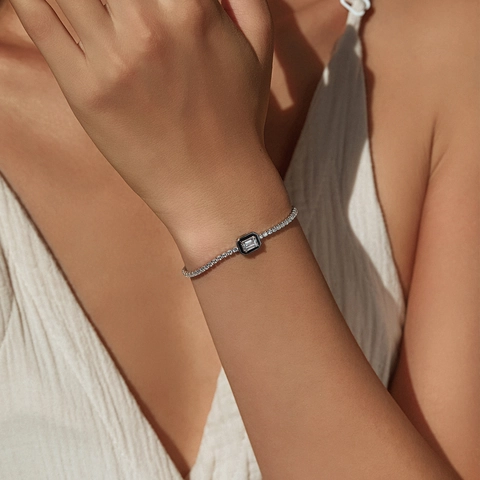 925 Sterling Silber Tennis Armband Für Damen Smaragdschliff Zirkonia Rechteck Schwarz Emaille Schmuck