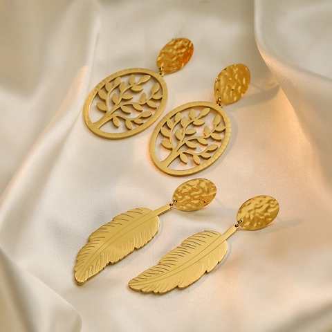 Vintage Tree Of Life And Feather Drop Earrings Titanium Steel Gold Plated Hollow Oval Leaf Minimalist For Women