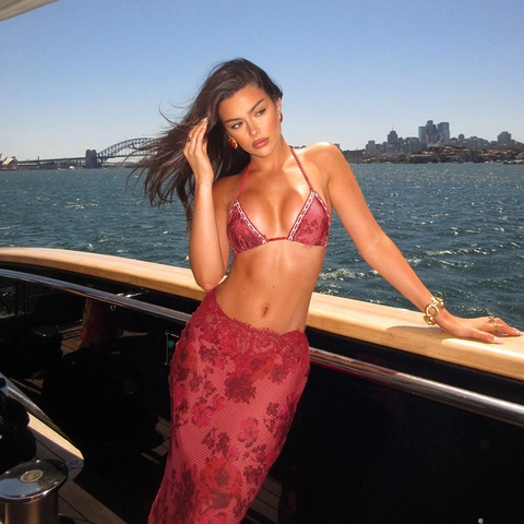 Red Floral Print Bikini Top And Mesh Maxi Skirt Halter Neck Lace Trim Beach Vacation Sexy Streetwear Women