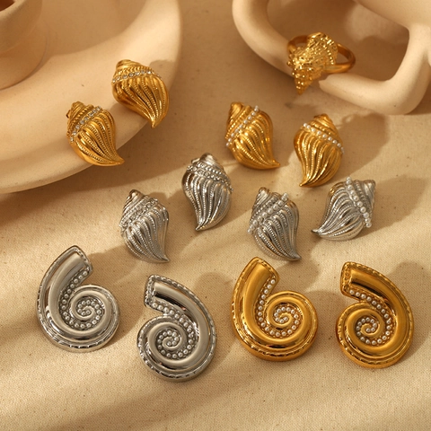 Nautischer Conch Muschel Ohrring Ring Halskette Edelstahl 18K Vergoldet Zirkonia Künstliche Perle Schmuck Für Damen