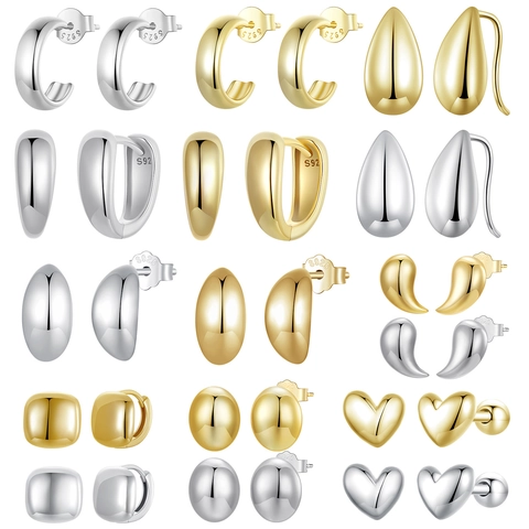 Minimalist 925 Sterling Silver Stud Earrings Geometric Heart Teardrop Oval French Style Gold Plated Jewelry For Women