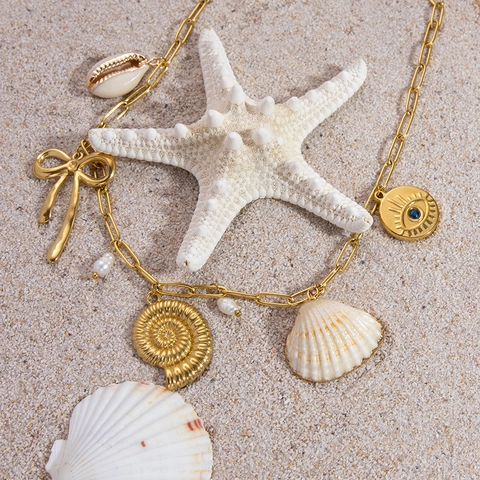 Stainless Steel 18K Gold Plated Shell Evil Eye Artificial Pearl Pendant Necklace Heart Conch Bow Bohemian Jewelry For Women Waterproof