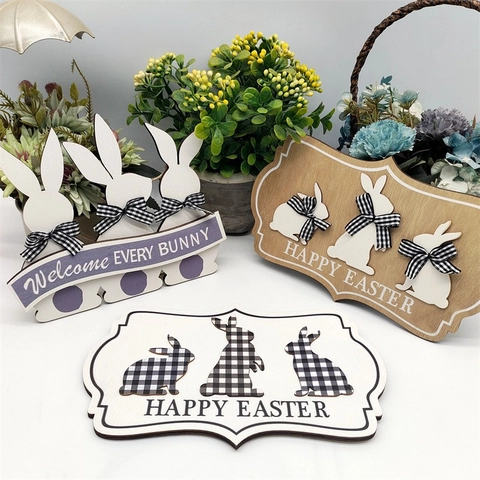 Easter Wooden Hanging Sign Rabbit Plaque Decoration For Spring Home Party Wall Door Ornament With Jute Rope Bow