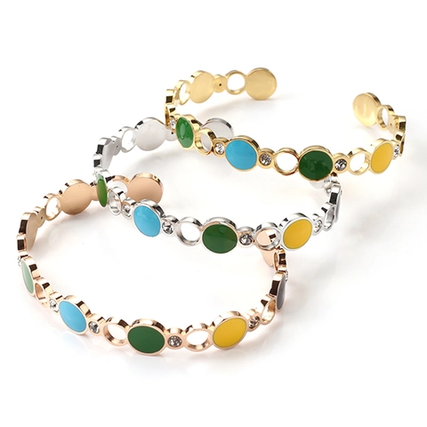 Brazalete De Acero Inoxidable Con Esmalte Colorido Para Mujer Cadena Circular Abierta En C Con Diamantes De Imitación Joyería Chic Boho