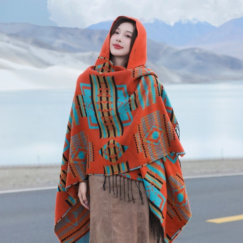 Women's Ethnic Geometric Hooded Cloak Shawl With Tassels Warm Acrylic Knit Oversized Poncho For Travel Outdoor Winter Scarf