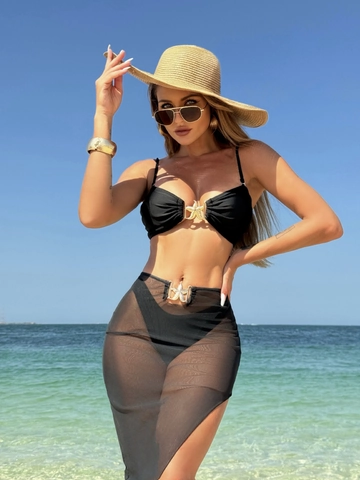 Sexy Bikini Top Bottom And Mesh Skirt With Starfish Metal Buckle Solid Color Halter Beachwear For Women Summer Vacation