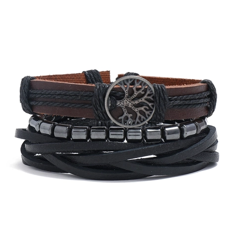 Juego De Pulseras Multicapa Cuero Trenzado Cuentas De Madera Aleación Árbol De La Vida Retro Bohemio Para Hombres Ajustable