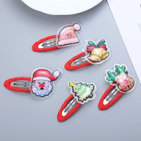 Christmas Hair Clips Kids Girls Quicksand Glitter Acrylic Santa Reindeer Tree Bell Shapes Fabric Wrapped BB Clips Holiday Party