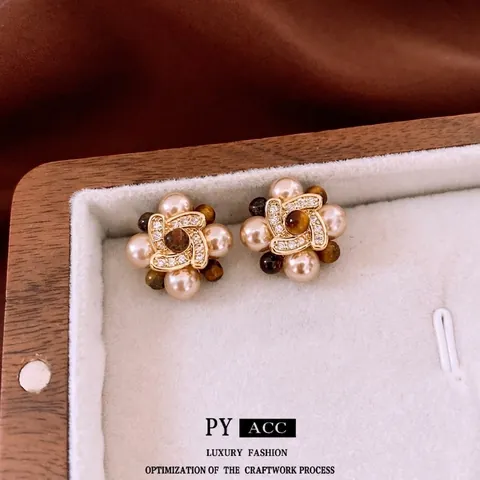 Pendientes De Flor Vintage Con Perla Artificial Ojo De Tigre Circón Cobre Poste De Plata Esterlina 925 Lujo Elegante