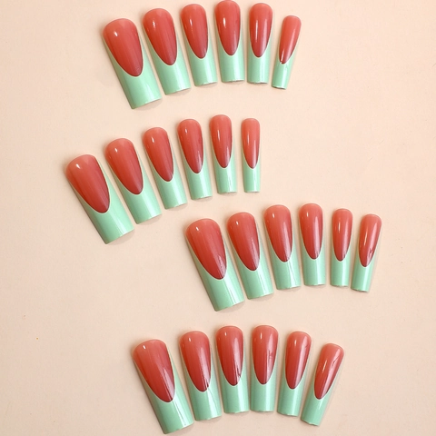 Extra Long French Press On Nails Coffin Shape Contrast Color Glossy Full Cover Fake Nails Women Nail Art Accessory