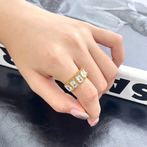 Vintage Baguette Zircon Ring Stainless Steel Gold Plated Milgrain Edge Rectangle Colorful Stone Jewelry For Women