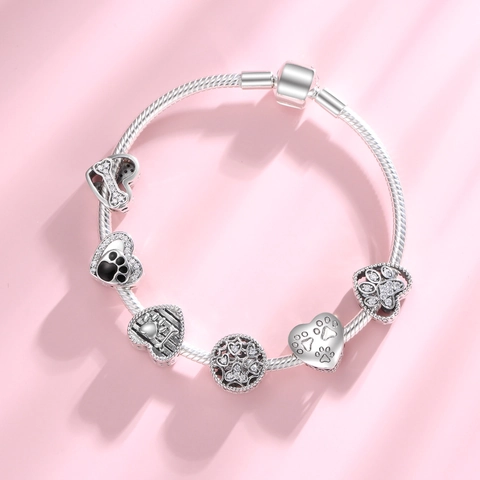 S925 Sterling Silver Heart Bead Charm With Black Enamel Dog Paw Print And Clear Zirconia For DIY Jewelry Making