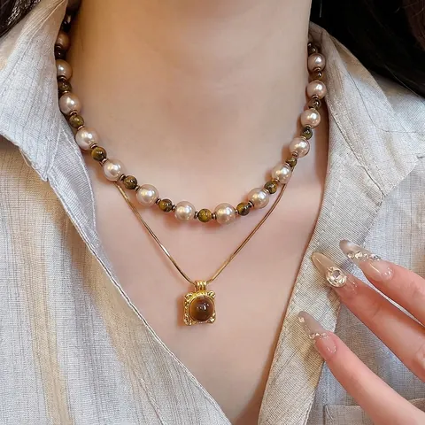 Collar De Capas Con Colgante Cuadrado De Ojo De Tigre Y Perla Artificial De Vidrio Cobre Chapado En Oro Estilo Vintage Para Mujer