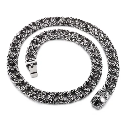 Men's 316L Stainless Steel Skull Cuban Link Necklace Heavy Gothic Punk Hip Hop Biker Jewelry Engraved Metal Chain