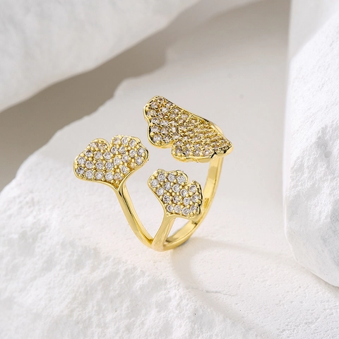 Women Gold Plated Copper Adjustable Open Ring Zircon Ginkgo Leaf Geometric Flower Design Trendy Light Luxury Hand Jewelry