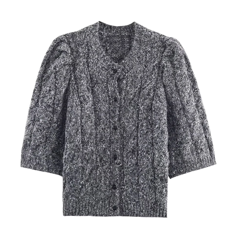 Cardigan In Maglia Donna Grigio Melange Maniche A Sbuffo Bottoni Maniche Corte Retrò Francese Morbido