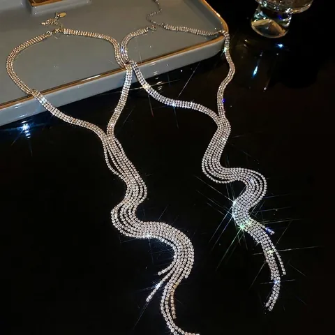 Elegant Long Tassel Necklace Copper Rhinestone Multi Layer Y Shape Choker For Women Party Jewelry