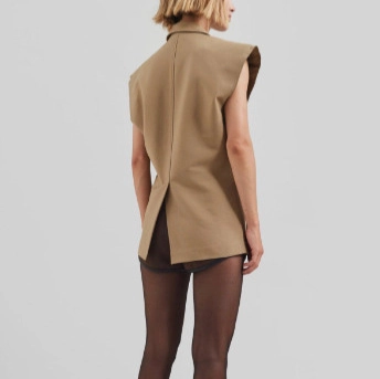 Women Sleeveless Suit Blazer Vest Polyester Lapel Collar Button Up Utility Waistcoat With Flap Pockets Back Slit