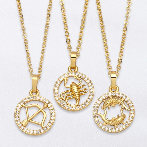 Collier Pendentif Constellation Du Zodiaque Cuivre Plaqué Or 18K Zircon Médaillon Bijoux Pour Femmes Style Ins Cadeau