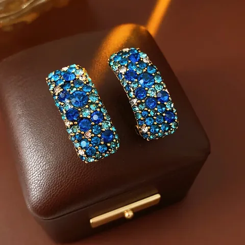 Bohemian Rectangular Stud Earrings With Silver Earring Post Pave Rhinestone Vintage Ethnic Jewelry For Women