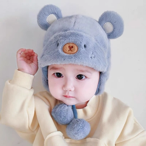 Baby Winter Warm Plush Hat Thick Earflap Cap With Cute Bear Ears And Pom-poms Windproof For Newborn Infants Toddlers