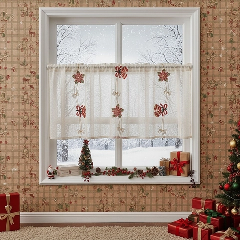 Christmas Embroidery Lace Cafe Curtain Polyester Semi-Shading American Vintage Christmas Bells Santa Pattern Window Decoration