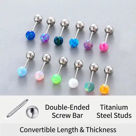 Opal Cartilage Stud Earrings Titanium Steel Double Headed Screw Piercing Jewelry Minimalist Niche Style Women