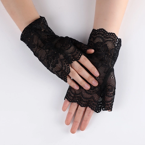 Guantes De Encaje Sin Dedos Para Mujer Corto Patrón Floral Medio Dedo Protección Solar Para Fiesta Baile Elegante