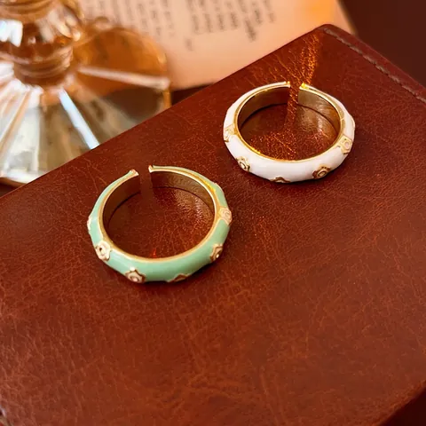 Enamel Flower Open Ring Gold Plated Adjustable Daisy Star Pattern Mint Green White French Retro Jewelry For Women