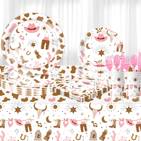 Stoviglie Usa E Getta Per Feste A Tema Cowboy Rosa Per Ragazze Motivo Mucca Forniture Per Compleanno Carta Plastica