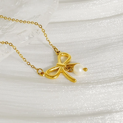 Collar Con Colgante De Lazo Acero Inoxidable Chapado En Oro 18K Con Perla Artificial Blanca Joyería Chic Minimalista Elegante Mujer