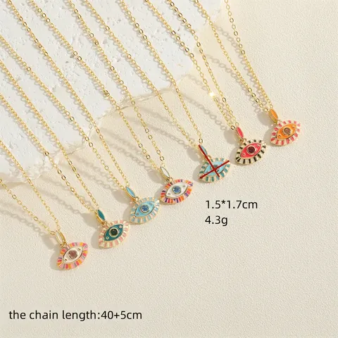Evil Eye Anhänger Halskette Kupfer Emaille Bunte Zirkonia Tropföl Vergoldet Böhmischer Exotischer Schmuck Für Damen