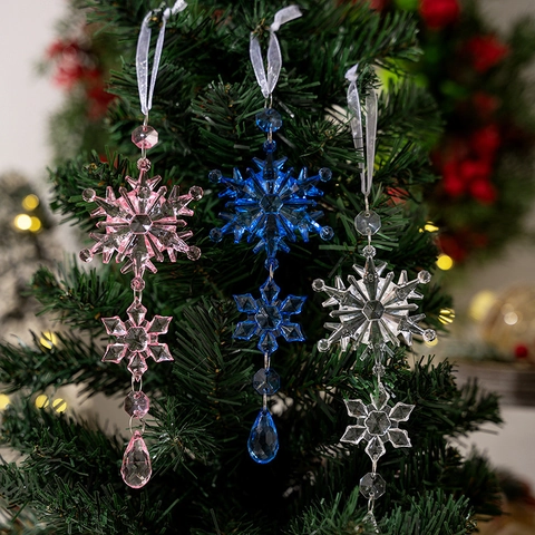 Ornement Suspendu pour Sapin de Noël Flocon de Neige en Acrylique Stalactite Rose Bleu Transparent avec Pendentif Goutte