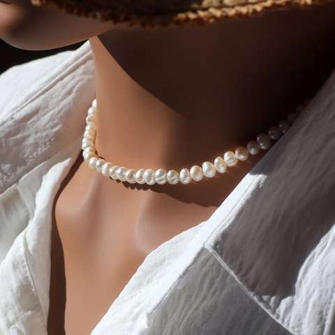 Elegante Collana di Perle d'Acqua Dolce da Donna Choker con Perle Barocche in Ottone Placcato Oro per Gioielli da Festa di Nozze