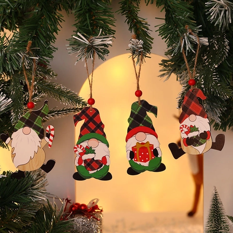 Christmas Wooden Gnome Ornaments Plaid Hat Hanging Pendants For Holiday Tree Decoration Rudolph Gnomes Festive Crafts