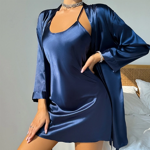 Pijama De Satén De Satén De Imitación Para Mujer Albornoz Y Camisón Color Sólido Ropa De Dormir Ligera Transpirable