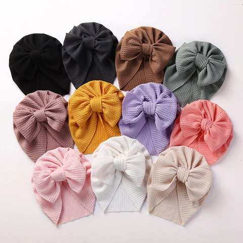 Baby Turban Hat Ribbed Waffle Knit Big Bow Elastic Soft Warm Beanie For Newborn Infant Toddler