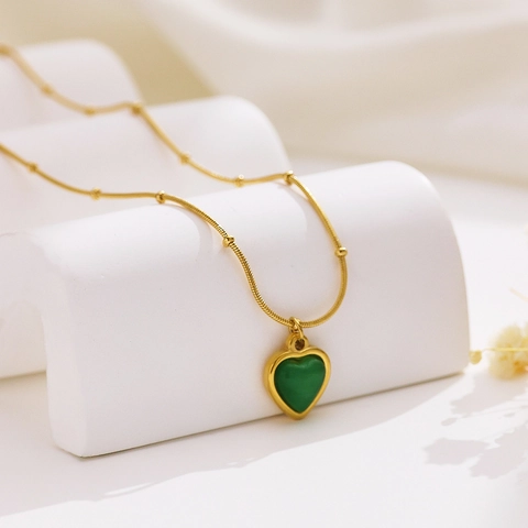 Heart Pendant Necklace Stainless Steel 18K Gold Plated Faux Cat Eye Gemstone Chic Vintage Clavicle Bead Chain For Women