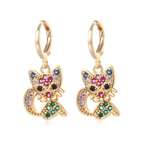 Orecchini Huggie Gatto Arcobaleno Rame Micro Intarsiato Zirconi Colorati Gioielli Animali Donne Con Silver Earring Post
