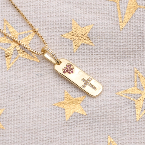 Heart Cross Pendant Necklace Gold Plated Copper With Pink Cubic Zirconia Box Chain Jewelry For Women Elegant