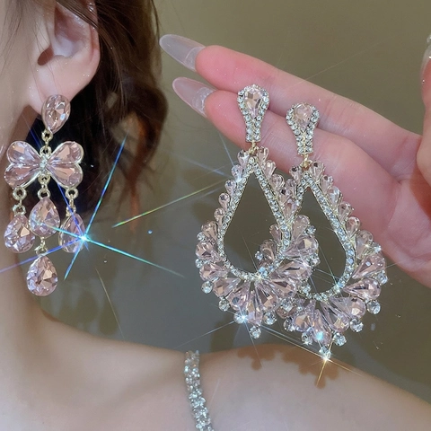 Bowknot Teardrop Dangle Oorbellen Met Legering Roze Strass En 925 Sterling Zilveren Oorknopje Elegant Feest Mode