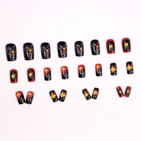 Press On Nails Square Shape Papua New Guinea Flag Bird Of Paradise Pattern Red Black Gradient Glossy Artificial Nails