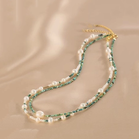 Double Layer Freshwater Pearl Necklace For Women Copper Turquoise Beaded Choker Niche Design Light Luxury Clavicle Chain Jewelry