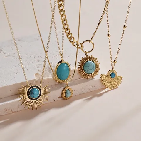 Vintage Pendant Necklace 14K Gold Plated Stainless Steel Natural Turquoise Stone Geometric Bohemian Jewelry For Women