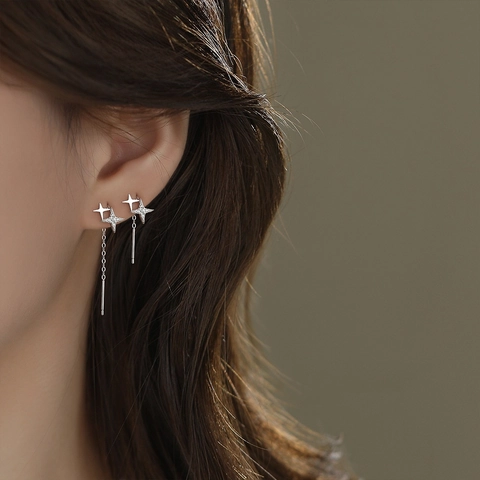 S925 Sterling Zilveren Vierzuntige Ster Oordraad Oorbellen Voor Dames Minimalistische Strass Ster Drop Sieraden Cadeaus