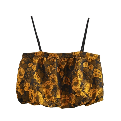 Women Cami Top Polyester Jacquard Floral Pattern Thin Strap Balloon Hem Cropped Sweet Style Black Gold Sleeveless
