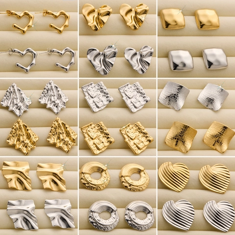 Geometric Stud Earrings Stainless Steel 18K Gold Plated Crumpled Texture Wavy Irregular Minimalist Jewelry For Women